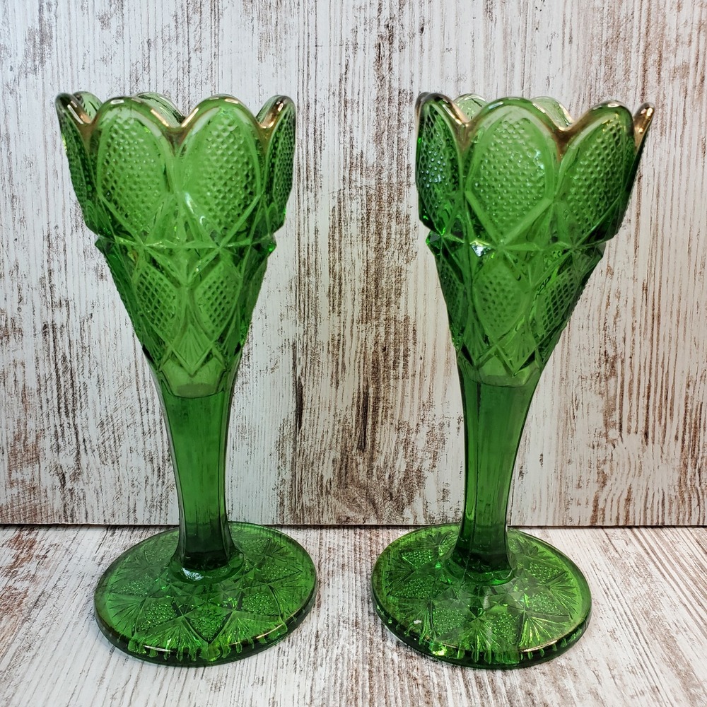 2 Vintage EAPG Emerald Green Gold Scalloped Rim Glass Flute Vases Textured